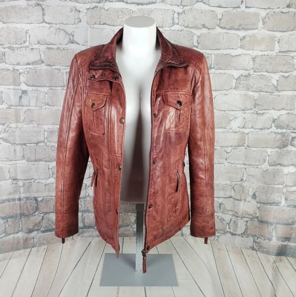 Di Capra Int Moto  Leather Jacket Mottled Two Tone Oxblood Size Small - Picture 3 of 16